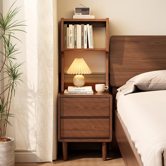 Solid Wood Bookshelf Nightstand Combo, Tall Nightstand with Bookshelf | Walnut Nightstand Bookshelf,Solid Wood Nightstand with Drawers,Open Shelf Bookcase,for Bedroom,Living Room,Offices