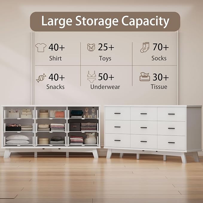 Xixini Dresser for Bedroom, 9 Drawer Wide Modern Chest of Drawers with X-Shaped Sturdy Base, Wood Double Dresser Closet Clothes Storage Organizer, Wooden TV Stand for Living Room, Hallway, White