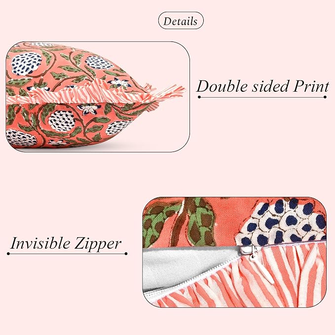 Ridhi Block Print Dark Salmon Pink Ruffle Lumbar Pillow Shams, 54" x 20" | 100% cotton, Floral Pillowcase, Cushion Cover, Hidden Zipper, Cottagecore Bedding, farmhouse boho style, fits couch, sofa,Bed