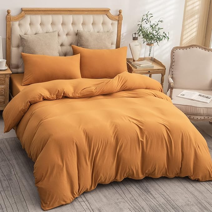 PURE ERA Jersey Knit Sheet Set Solid Burnt Orange California King | 100% Cotton, 3 Piece Set, T Shirt Soft, Breathable, Envelope Closure Pillowcases, Hidden Zipper, 8 Ties, No Insert, Modern