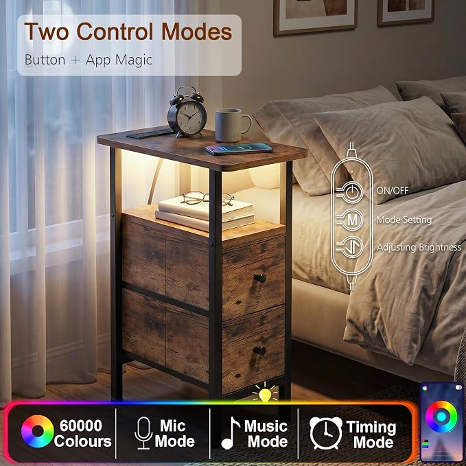 LOAKEKEL Narrow End Table with Charging Station, Small Nightstand | Skinny Side Tables Living Room with 2 Fabric Drawers, Slim Bedside Table with LED Lights for Bedroom, Small Spaces, Brown