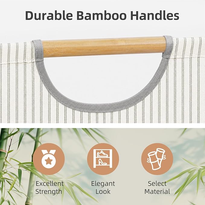 STORAGE MANIAC 2-Pack Large Laundry Hamper, 100L (26.4 Gal) Collapsible Laundry Basket with Bamboo Handles, Freestanding Waterproof Clothes Hamper for Laundry Room, Bedroom, Dorm, Towels, Stripe