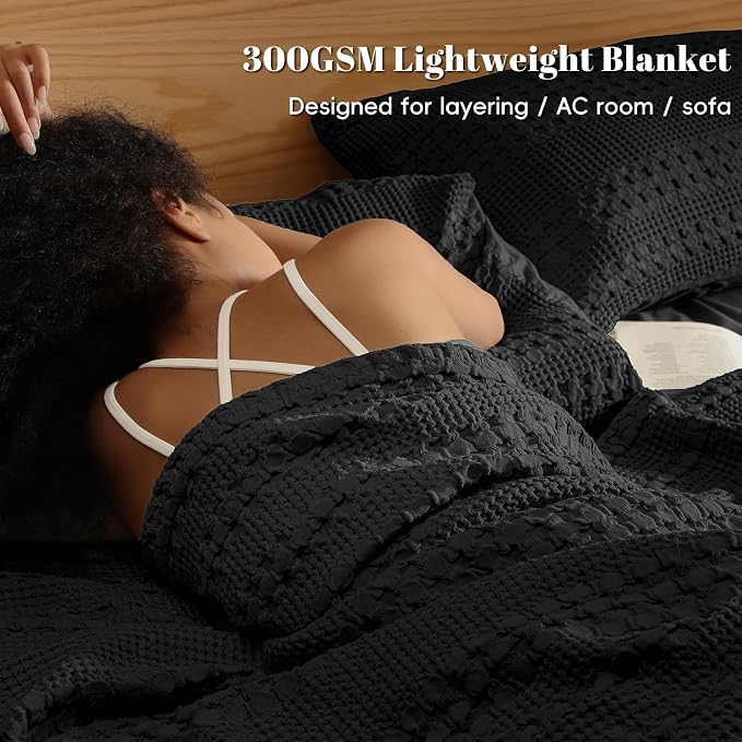PHF Lightweight 100% Cotton Waffle Blanket for Bed, King, Black | Pre-Washed Soft Cotton Comfort, Breathable Layering Warmth for Fall & Winter, Bed, Sofa, Couch, Home Decor & Gifts