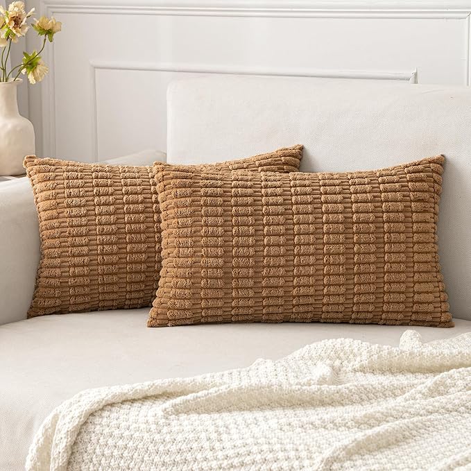 MIULEE Lumbar Corduroy Decorative Throw Pillow Covers 12x20 Brown Pack of 2 | Soft Boho Striped Pillow Covers Modern Farmhouse Fall Home Decor For Sofa Living Room Couch Bed