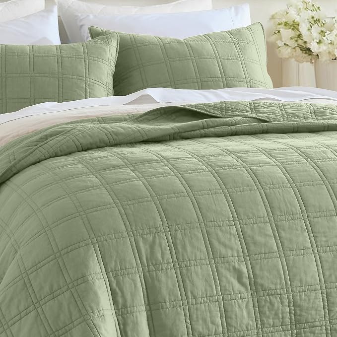 HORIMOTE HOME 100% Cotton Quilt Set Twin Size, Sage Green Pre-Washed Bedspreads Coverlet Set in Geometric Pattern, Cozy Lightweight Stitching Decorative Bedding Cover with 1 Sham for All Season
