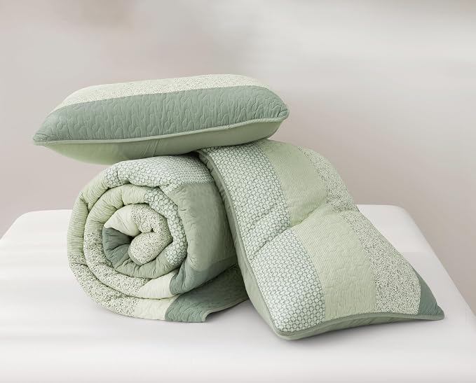Chezmoi Collection Reed 3-Piece Chic Patchwork Striped Quilt Set - Green Floral Coverlet - Pre-Washed Cotton Lightweight Reversible Bedspread, Queen Size