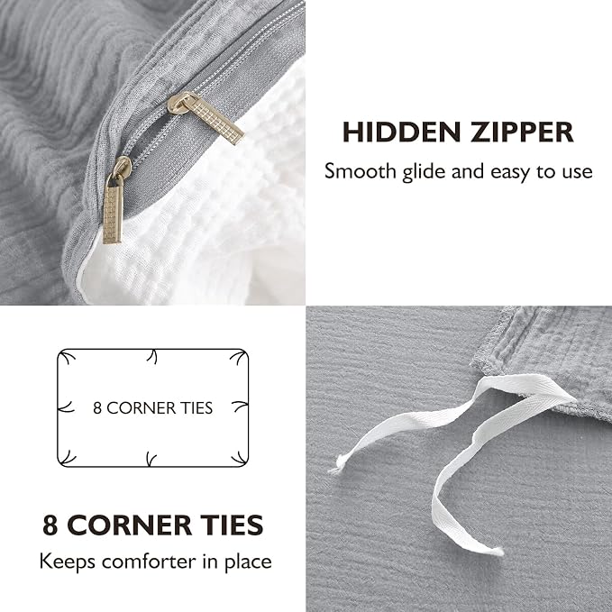 EMME Cotton Muslin Duvet Cover Set Queen Size Linen Like Soft Breathable Lightweight Summer Comforter Cover Set with Zipper Closure (Light Grey&White, Queen, 90"x90")