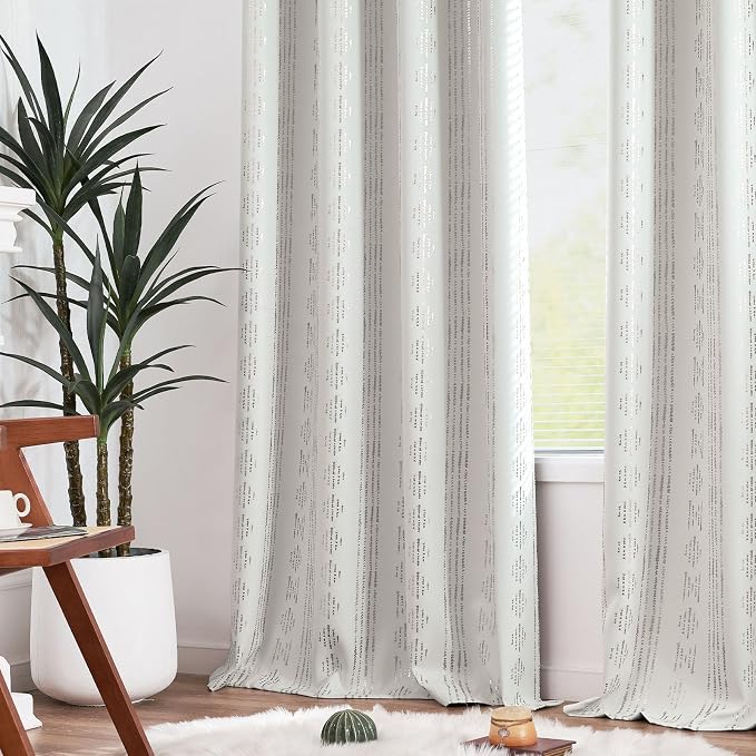 jinchan Boho Blackout Curtains 90 Inches Long for Bedroom Living Room | Silver on Off White Geometric Foil Printed Grommet Curtains Room Darkening Thermal Insulated Window Treatments 2 Panels