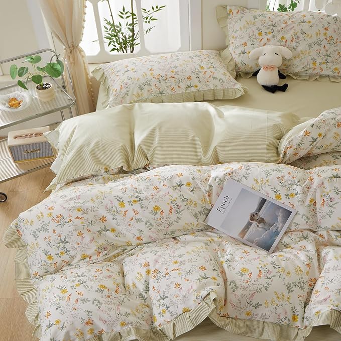 mixinni 100% Cotton Duvet Cover Set King, Reversible Spring Floral Ruffle Green Striped Bedding for Girls, French Country Cottagecore Aesthetic 3PC Duvet Cover with Zipper Closure & Pillowcases