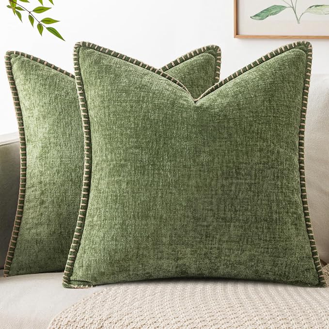 MIULEE Decorative Couch Throw Pillow Covers 22x22 Inch Sage Green 2 Pack | Farmhouse Pillow Covers with Stitched Edge, Soft Chenille Cushion Cases, for Sofa Bed Living Room Home Decor