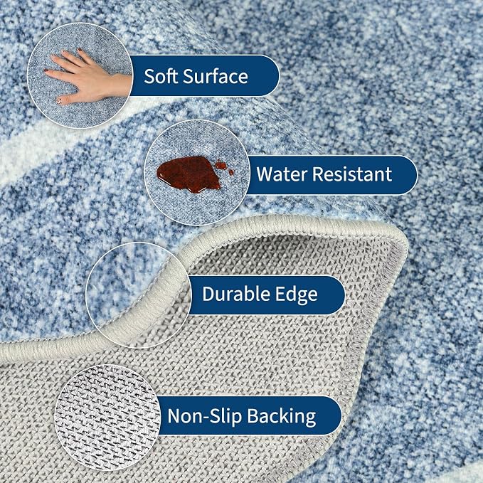 GarveeHome Scalloped Round Rugs 6Ft Washable Area Rug for Playroom, Blue | Kids Non-Slip Neutral Classic Circle Rug Modern Large Carpet Soft Boys Rug for Classroom Dorm Bedroom