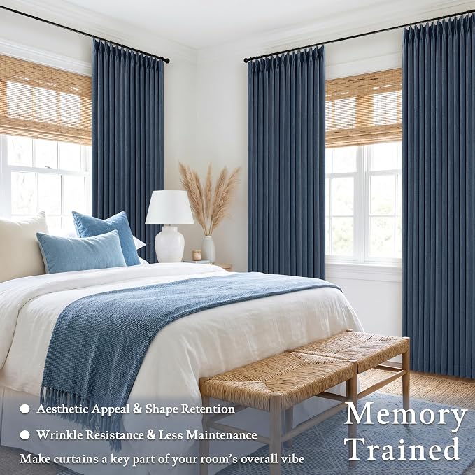 105 Inch Pinch Pleated Blackout Memory Trained Linen Curtains with Liner | Navy Blue Pleat Curtain, 100% Black Out Soundproof Room Darkening, Double Layer, for Bedroom Living Room, with Hooks Rings