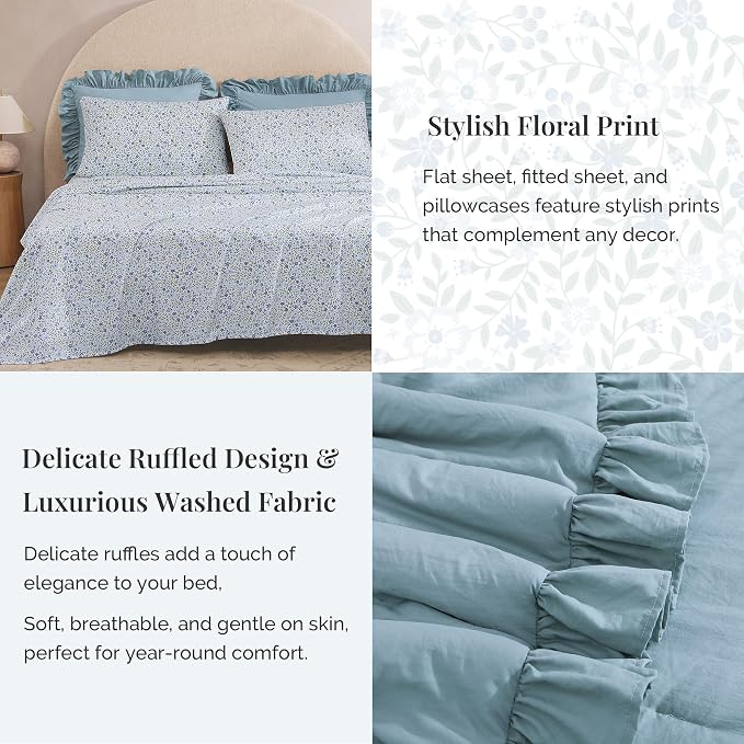 Oversized King Comforter Sets-7 Pieces Ruffle Bedding | Blue Bed in a Bag, Soft Lightweight All Season Farmhouse King Size Bedding Sets with Floral Sheets, Pillowcases & Shams