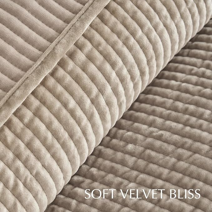 Striped Channel Velvet Quilt Set, Queen Size, Urban Taupe | Luxurious Soft Lightweight Velvet Comforter, Oversized Bedspread Coverlet, Quilted Bedding Set for All Season, with 2 Shams