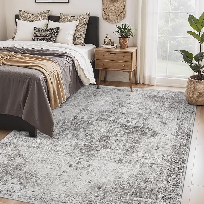 Area Rug 5x7 Washable Rug, Vintage Boho Medallion Rugs Non-Slip Soft Low Pile Large Distressed Rug Indoor Retro Carpet for Living Room Bedroom Dining Room Home Office (Grey, 5'x7')