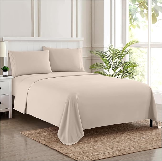 Twin Sheets - Breathable Luxury Sheets with Full Elastic & Secure Corner Straps Built In - 1800 Supreme Collection Extra Soft Deep Pocket Bedding Set, Sheet Set, Twin, Beige