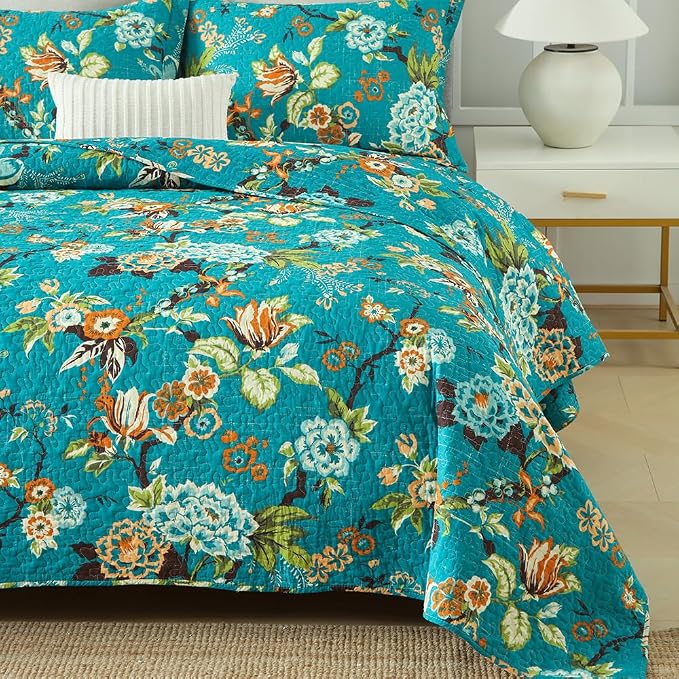 ENASAL Cotton Bedspread Quilt Sets Reversible Bedding Coverlet Sets Comforter, Vintage Floral with Peacock Pastoral Turquoise Bedspread, King Size