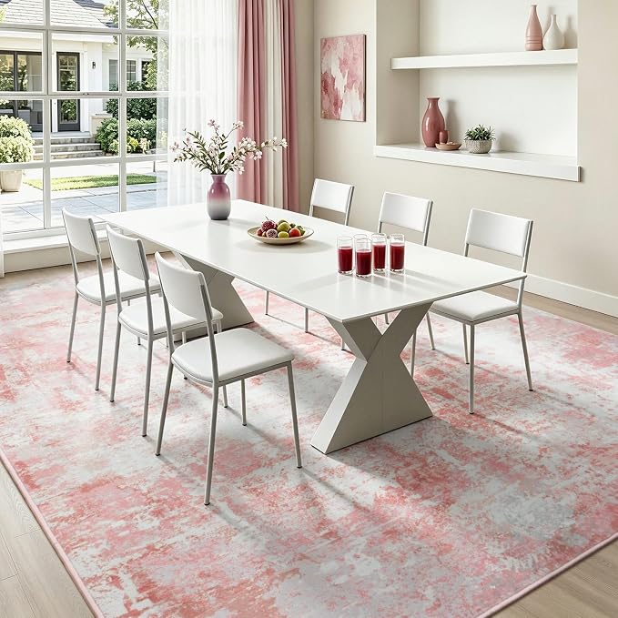 Rugflix 8x10 Area Rugs for Living Room, Washable Pink White Large Rug | Machine Washable; Stain-Resistant; Low Pile; Non-Slip; Modern Abstract; Carpet for Bedroom Dining Office Nursery Home