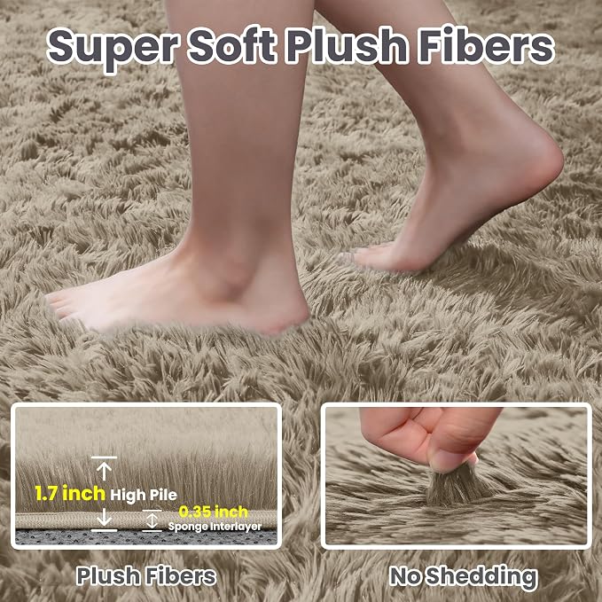 6x9 Fluffy Shag Area Rugs for Living Room Bedroom: Soft Carpet Gray Camel | Upgraded Non-Slip Thick Memory Foam, Ultra Soft, Non-Shedding Fuzzy Carpet, Easy Clean Decor for Kids Room, Nursery, Playroom