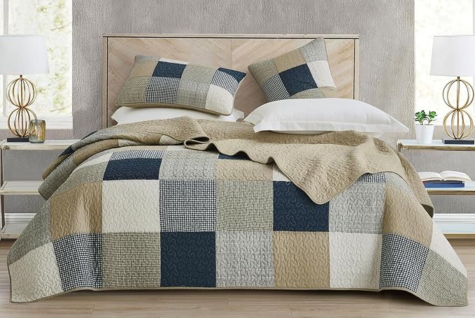 Chezmoi Collection Samuel 3-Piece Navy Blue White Gray Taupe Plaid Square Patchwork Quilt Set - Pre-Washed Cotton Quilted Coverlet - Lightweight Reversible Bedspread for All Seasons, Queen Size