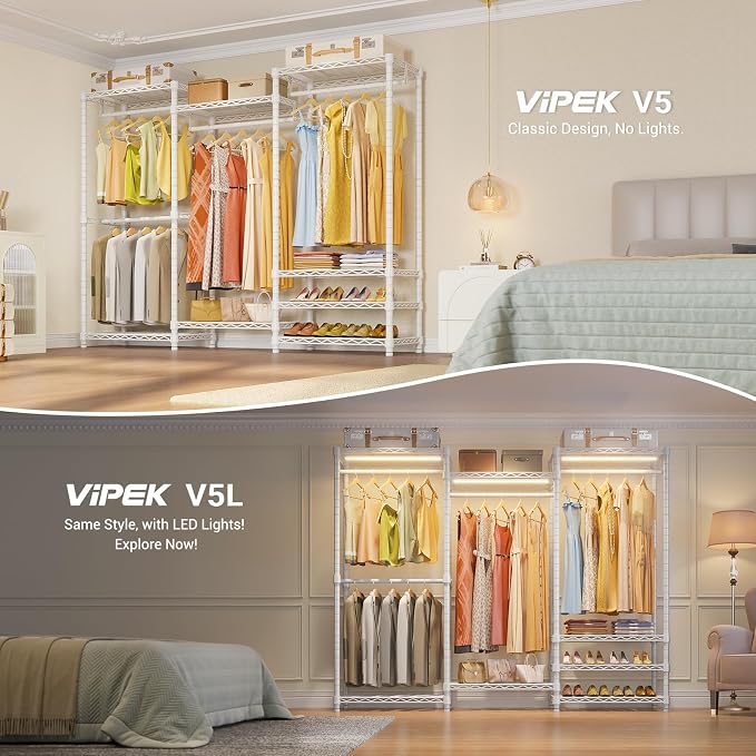 VIPEK V5 Heavy Duty Clothes Rack, Freestanding Modular Closet System, White | 890 lbs Load, 4 x 23.6 in hanging rods, 8 x shelves (2 adjustable), Supports expansion with accessories