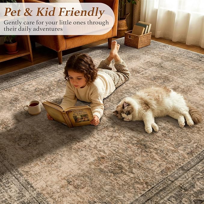 LIANLAM 2x6 Washable Area Rug, Vintage Boho Traditional Pattern, Non-Slip Stain Resistant Rug for Living Room Bedroom(2x6,Brown/Boho)
