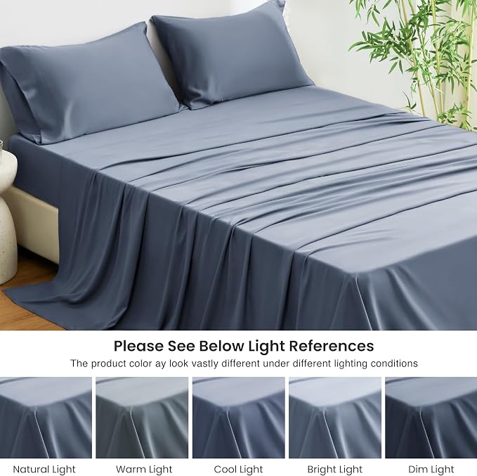Love's cabin 3 Piece Twin Sheet Set, 100% Rayon Derived from Bamboo, Cooling & Breathable, Soft Silky Deep Pocket up to 16", Hotel Luxury Bedding for Hot Sleepers, Bluish Grey