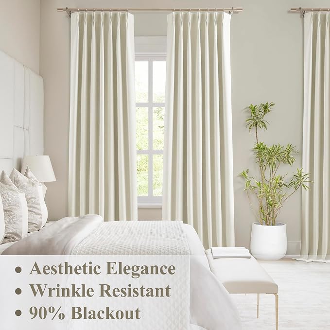 WEST LAKE 112 Inch Beige Chenille French Pleated 90% Blackout Curtains | for Bedroom,Microfiber Lined Triple Weave Textured Heavy Drapes,Bedroom Window Treatment,Back Tab,40"Wx112"L,Pack of 2