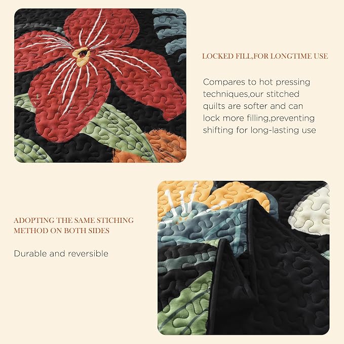 Andency Oversized King Quilt Set Black, 120x120 Floral Super King Bedspread | 3 Pieces Navy Boho Flower Botanical Summer Bedspreads with 2 Shams, Reversible Polyester Coverlet Set for All Seasons