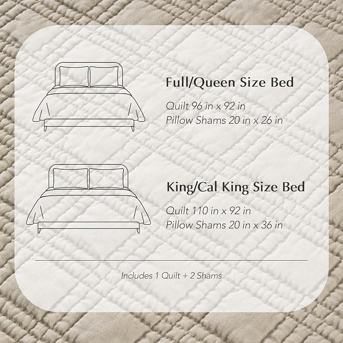 EVERGRACEHOME Cotton Sateen Windowpane Quilt Set Queen Size, Light Taupe | 100% Cotton, Pre-Washed Soft Coverlet Bedspread, 3-Piece Lightweight Bedding Set for All Season, with 2 Pillow Shams
