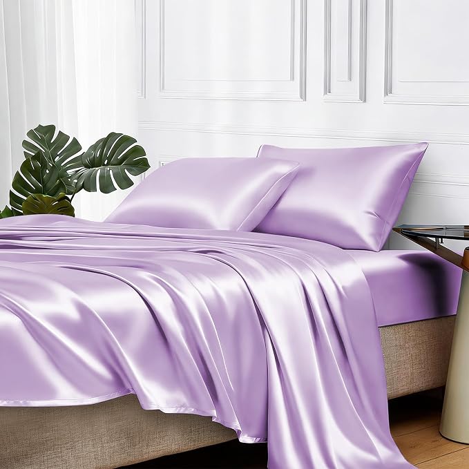 MR&HM Satin Sheets Full Size with Elastic Corner Straps, Lilac | Similar to Silk, 4-Piece Silky Soft Bed Sheet Set, Gentle on Skin and Hair, 15" Deep Pocket, Cooling & Breathable
