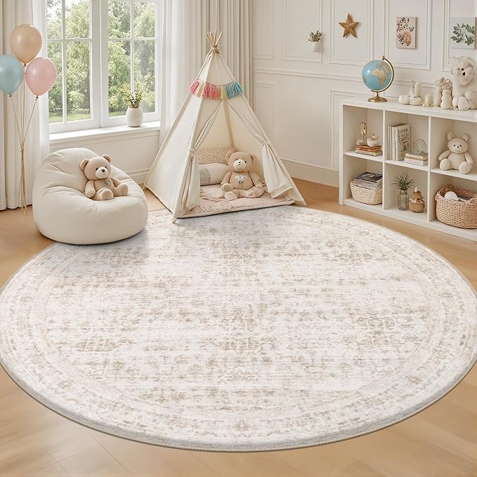 Round Area Rug for Living Room: 4ft Boho Washable Rug Beige Brown | Vintage Boho Soft Round Rug Indoor Floor No Slip Carpet Stain Resistant Rugs for Bedroom Dining Room Nursery Home Office