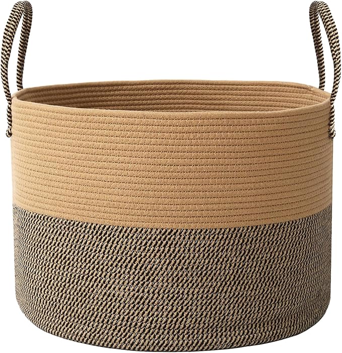 JMvicyroam 65L Extra Large Machine Washable Cotton Rope Blanket Basket | Collapsible laundry hamper, Reinforced handles, For blankets, pillows, toys and clothes, Living room and bedroom, Jute&Black