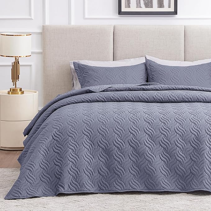 Love's cabin Quilts for Full Bed Bluish Grey Bedspreads Bedding Set - Lightweight Bedspread Comforter - Wave Pattern Bedding Coverlet for All Season - 3 Pieces (1 Quilt, 2 Pillow Shams)