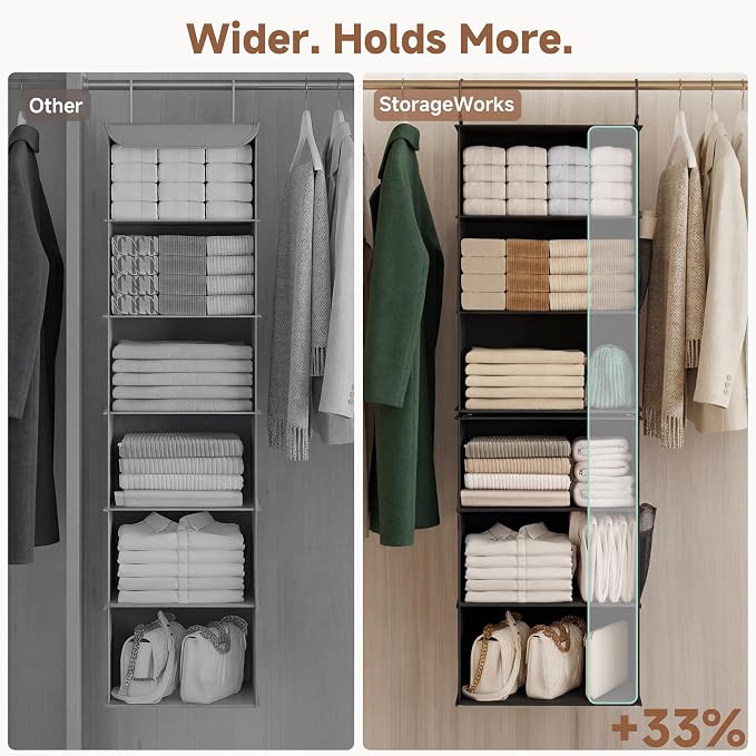 StorageWorks Hanging Closet Organizer, 6-Shelf with 2-in-1 Design, Ivory | Maximize Closet Space with Reinforced Shelves, Small Closet Storage Solution for Bedrooms, Dorms and RVs, Jumbo