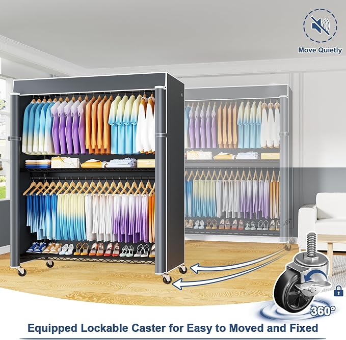 P8C Max Heavy Duty Clothes Rack（With Extended Width Design） Rolling Clothing Racks for Hanging Clothes with Lockable Wheels，51.2" W x 15.8" D x 80.5" H，Load 800LBS，Black Rack with Grey Cover