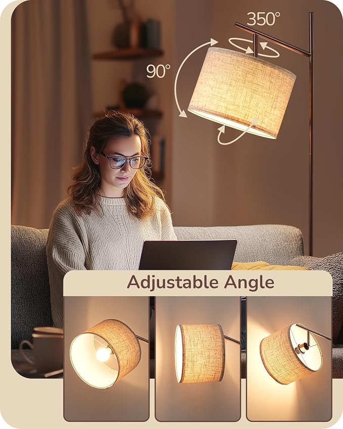 EDISHINE 64.7" Modern Arc Floor Lamps for Living Room, Brown Standing Lamp | 3 Color Temperatures, Bulb Included, Adjustable Linen Shade, Foot Switch, Tall Light for Bedroom, Office, Nursey