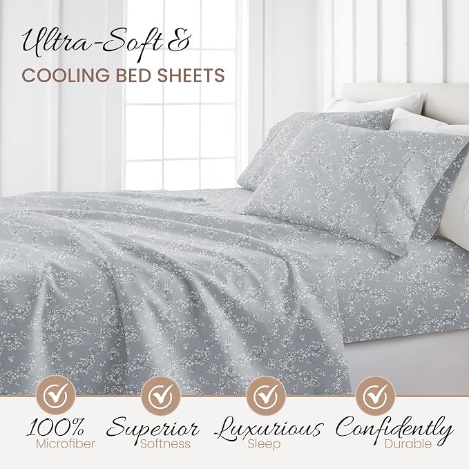 Linen Market Patterned Microfiber Queen Sheet Set 4 Piece – Oeko-TEX Certified Ultra Soft & Wrinkle-Free - 16" Deep Pocket Sheets - Easy Care Queen Size - Trellis Vine Light Gray
