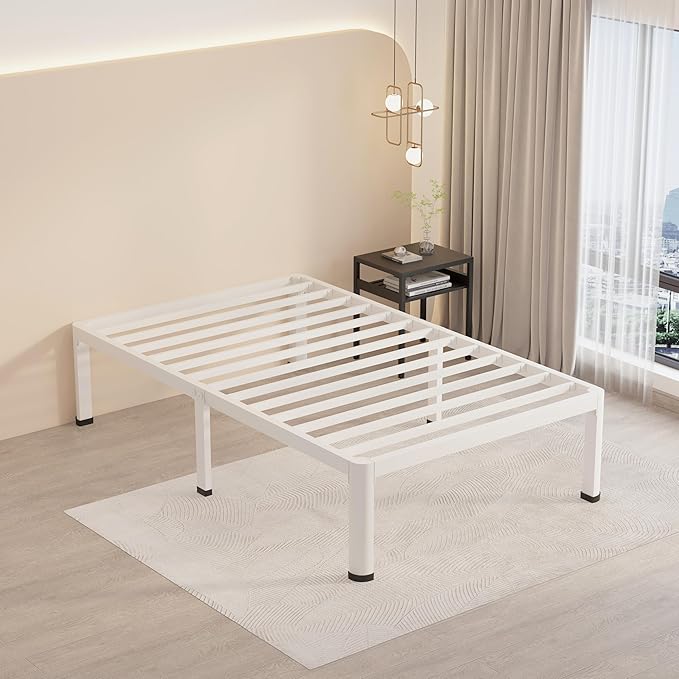 MAF 14 Inch Twin Metal Platform Bed Frame White with Round Corner Legs | Mattress Baffle, 3000 LBS Heavy Duty Steel Slat Support, Noise Free, No Box Spring Needed, Easy Assembly, 12.4" Storage Space