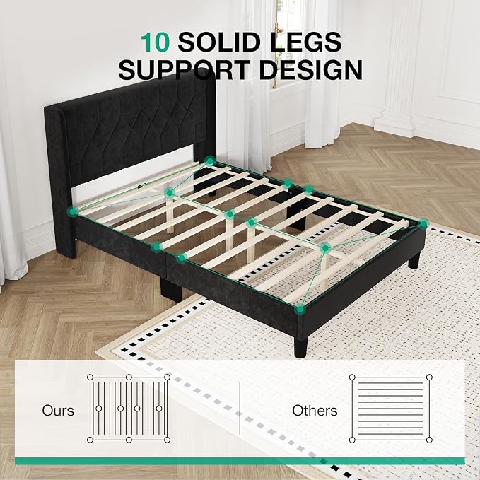 Novilla Queen Size Bed Frame, Queen Bed Frame with Headboard, Velvet Upholstered Pull-Point Wingback Headboard, No Box Spring Needed, Heavy Duty Feet, Easy Assembly, Black Velvet