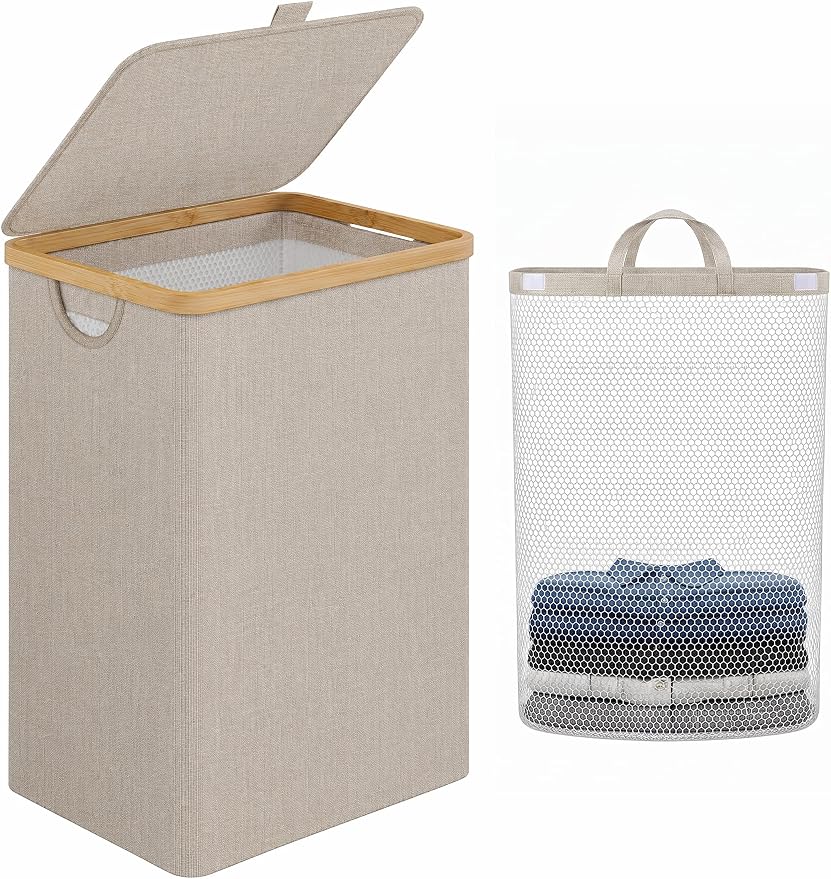 IEGrow Laundry Hamper with Lid,85L Laundry Basket with Mesh Bags,Oatmeal | Dirty Clothes Hamper Basket with Bamboo Handle for Clothes Towels