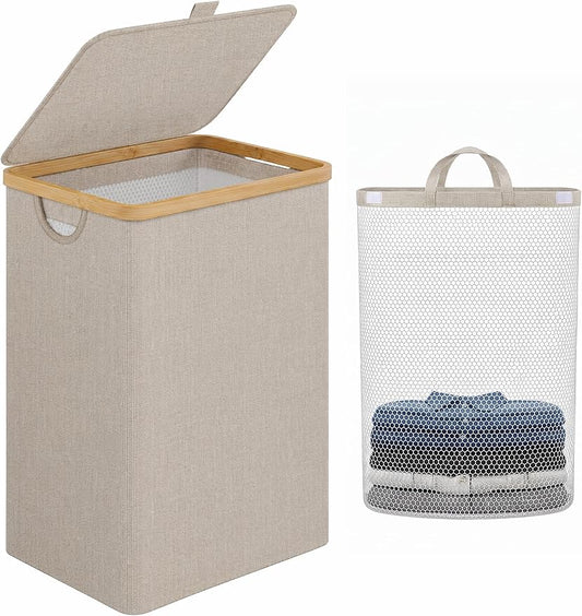 IEGrow Laundry Hamper with Lid,85L Laundry Basket with Mesh Bags,Oatmeal | Dirty Clothes Hamper Basket with Bamboo Handle for Clothes Towels