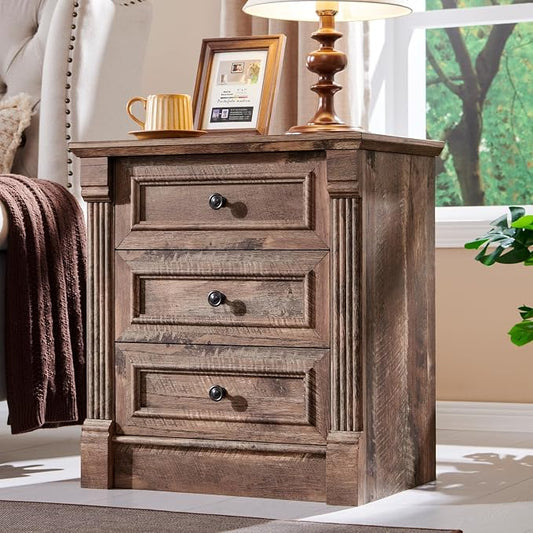 Aitjunz 26" Tall Nightstand w/Charging Station, 3 Drawers, Light Brown | Farmhouse 23.6" Wide Large End Table w/Roman Column, Wood Rustic Side Table w/Metal Handle for Bedroom, Living Room