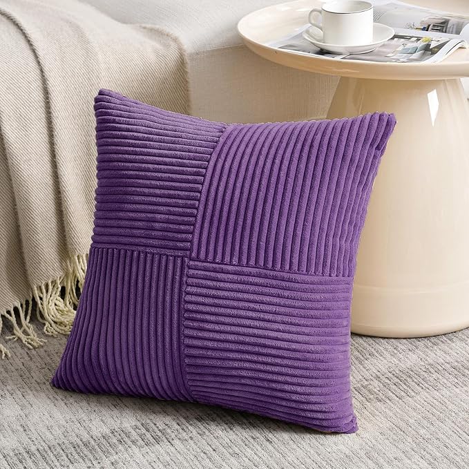 Fancy Homi 2 Packs Purple Decorative Throw Pillow Covers 16x16 Inch for Living Room Couch Bed, Farmhouse Boho Home Decor, Soft Corss Patchwork Corduroy Textured Square Cushion Case 40x40 cm