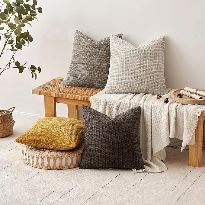 MIULEE Decorative Chenille Fall Pillow Covers Gold Brown 18x18 Pack of 4 | Rustic Home Decor, Earth Tones Set, Couch Throw Pillows, Farmhouse Boho Cushion Covers for Sofa Bed Living Room