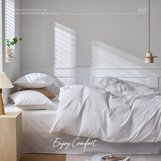 JELLYMONI 100% Cotton Sateen Striped Full Duvet Cover Set, White | Breathable Softness, Oeko-Tex Certified, Classic Stripes, 8 Corner Ties & Double Hidden Zipper