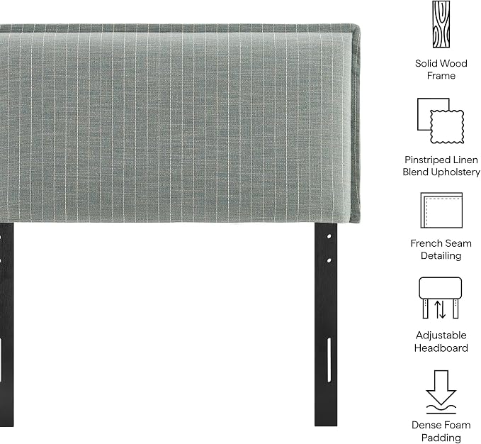 Modway Camille Twin Size Striped Linen Blend Pinstripe Headboard with Removable Slipcover – in Spa Blue Stripe - Padded Pillow Style Headboard with Adjustable Mounting for Twin Beds