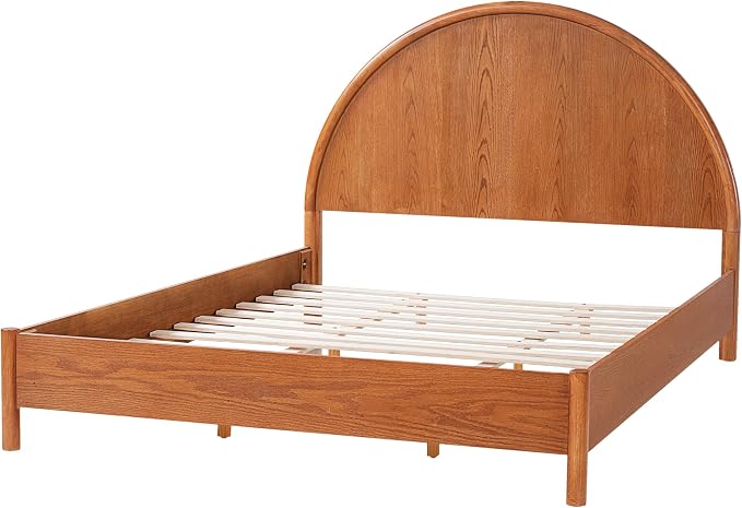 Christopher Knight Home Elsinore Queen Size Bed Frame with Arched Headboard, Modern Wooden Platform Bed, Wood Bed Support and Slats, No Box Spring Needed, Queen Size Beds for Adult, Light Brown