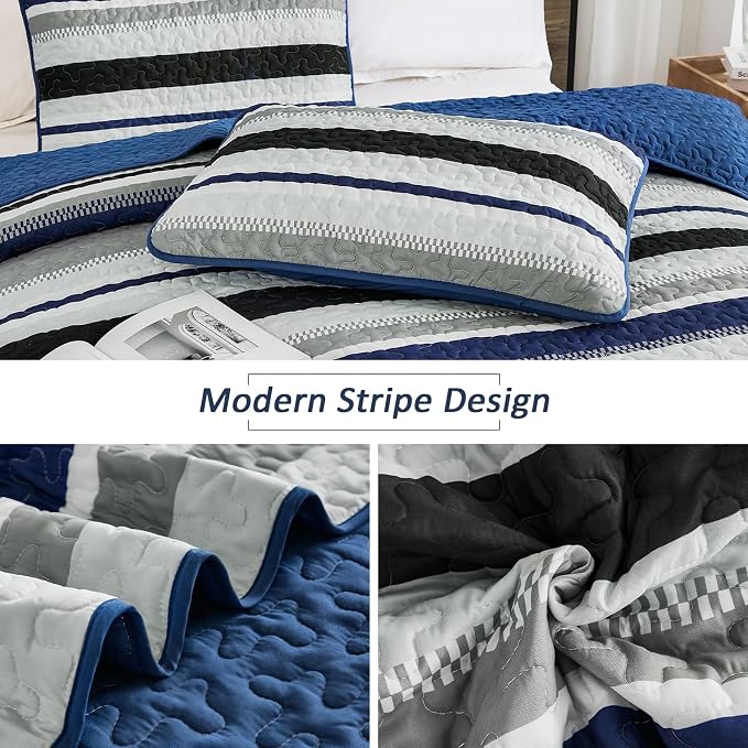 WONGS BEDDING Full Striped Quilt Set, Navy Blue Lightweight Bedspread | Lightweight Microfiber Coverlet, Breathable All-Season, Machine Washable, 3-Piece Set 90"x78", Great for Men Boys Dorm Room