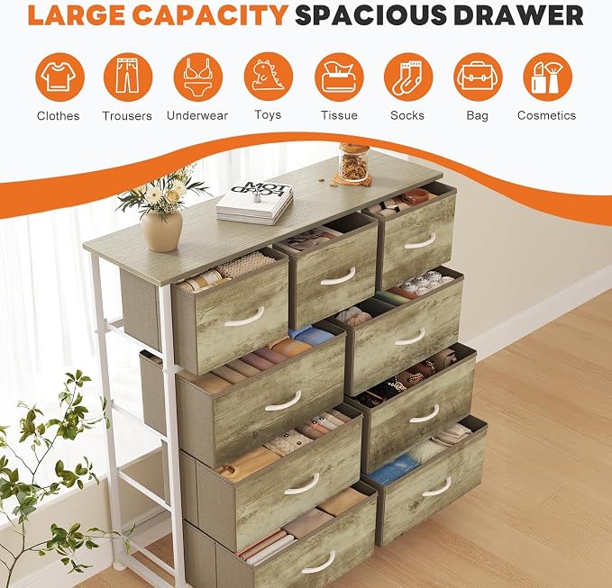 Sweetcrispy 9 Drawer Fabric Dresser Storage Tower Drawer Organizer, Oak | Sturdy Steel Frame with Wood-top, Easy-pull Handle, Space-Saving Organizer Chest for Bedroom, Closet, Lightweight and Stable